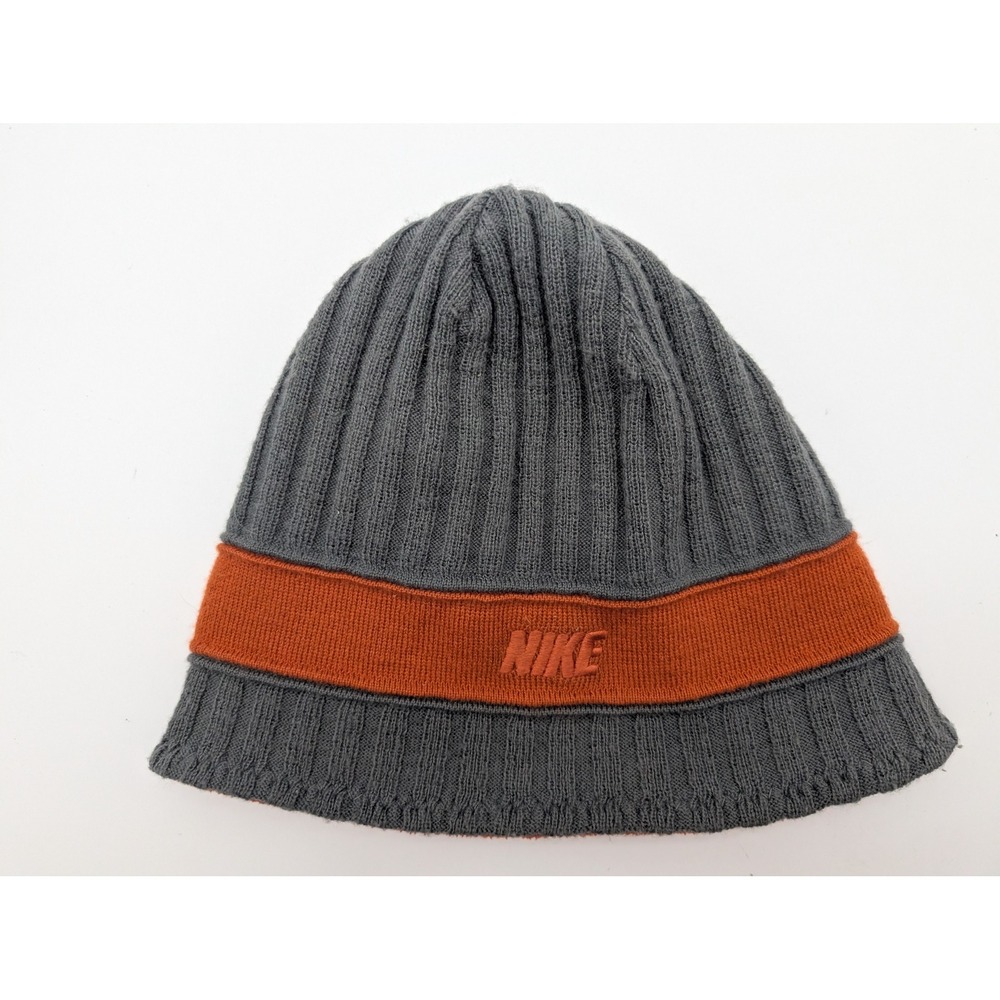 Nike Beanie Reversible Hat Gray Orange Striped Ribbed Knit Fleece Lined Logo